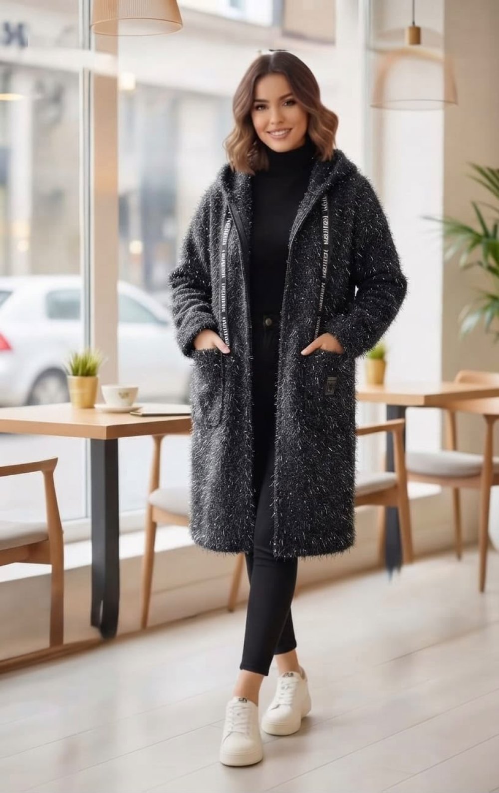 Simli Siyah Buklet Hırka  